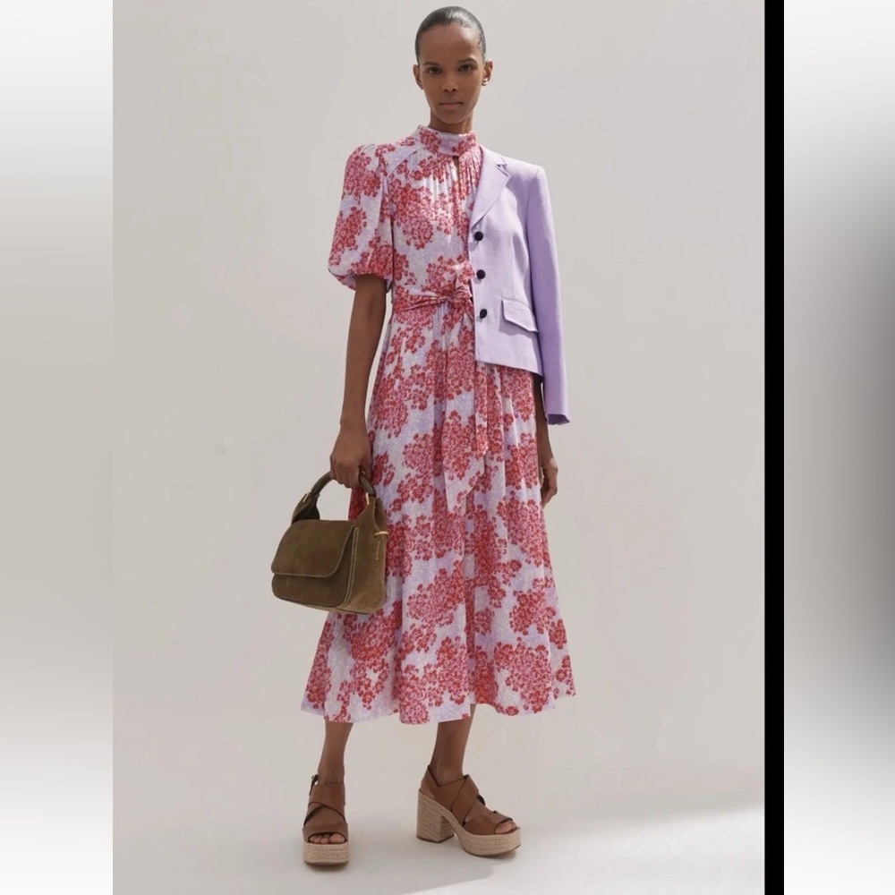 ME+EM 2 Layered Violets Print Midi Dress EUC Belt Lined Floral Fit Flare